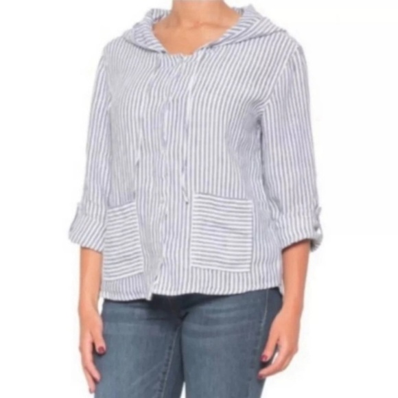 Tahari Blue Stripe Button Front Linen Shirt Hooded M nautical Lagenlook beach - Picture 1 of 10